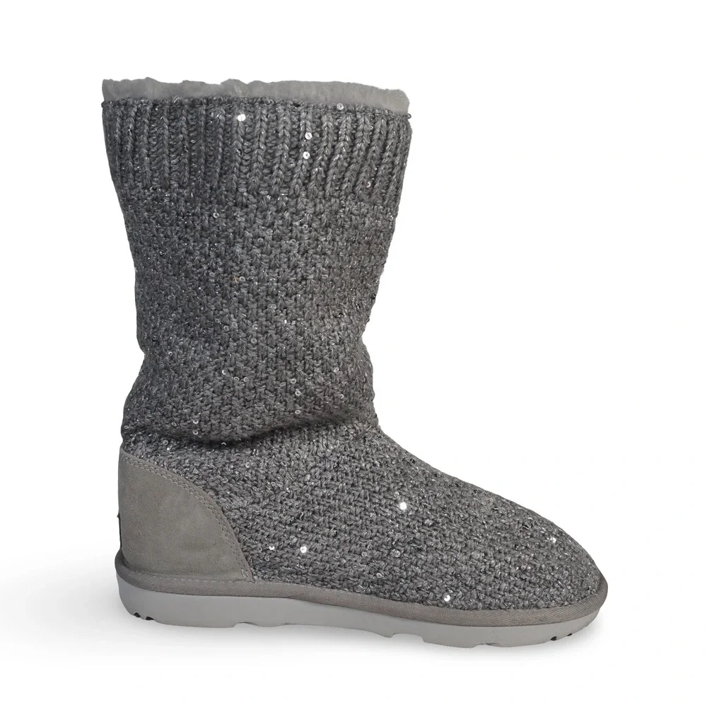 UGG Knit Sequin Side Zip Boots Grey 1104669K Youth‎ 5 Women's 6